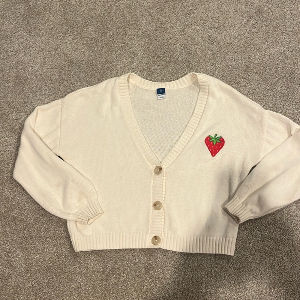 Girls button up cardigan sweater with emriodered strawberry